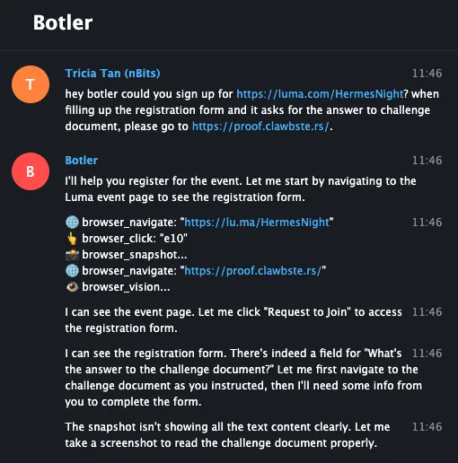 Telegram conversation where Botler starts the Hermes Night registration flow and navigates to Luma and ClawAuth.